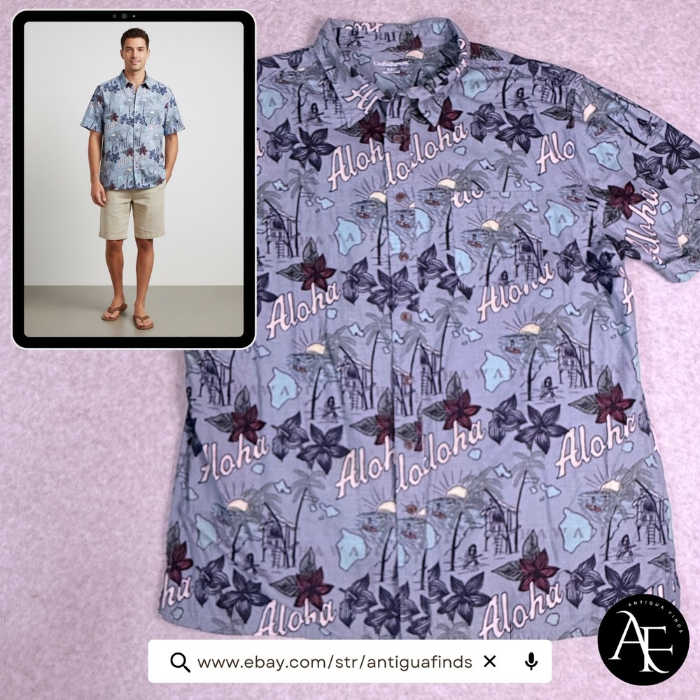 Croft & Barrow Mens XXL Aloha Hawaiian Shirt Blue Cotton Short Sleeve Tropical‎
